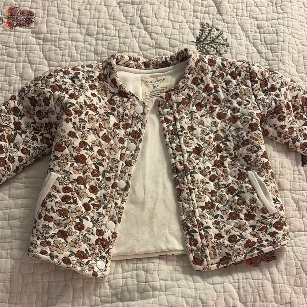 Makemake organics Kids Quilted Floral Jacket in Cream and Brown